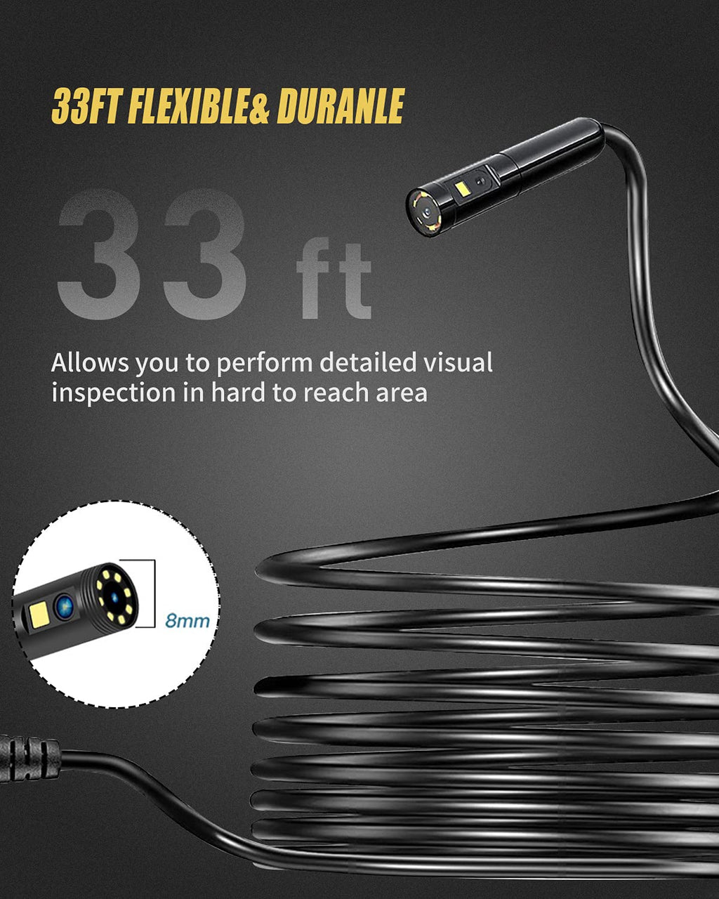 33FT Dual Lens Inspection Endoscope with 4.5 IPS Screen and 8 LED Lights H82026