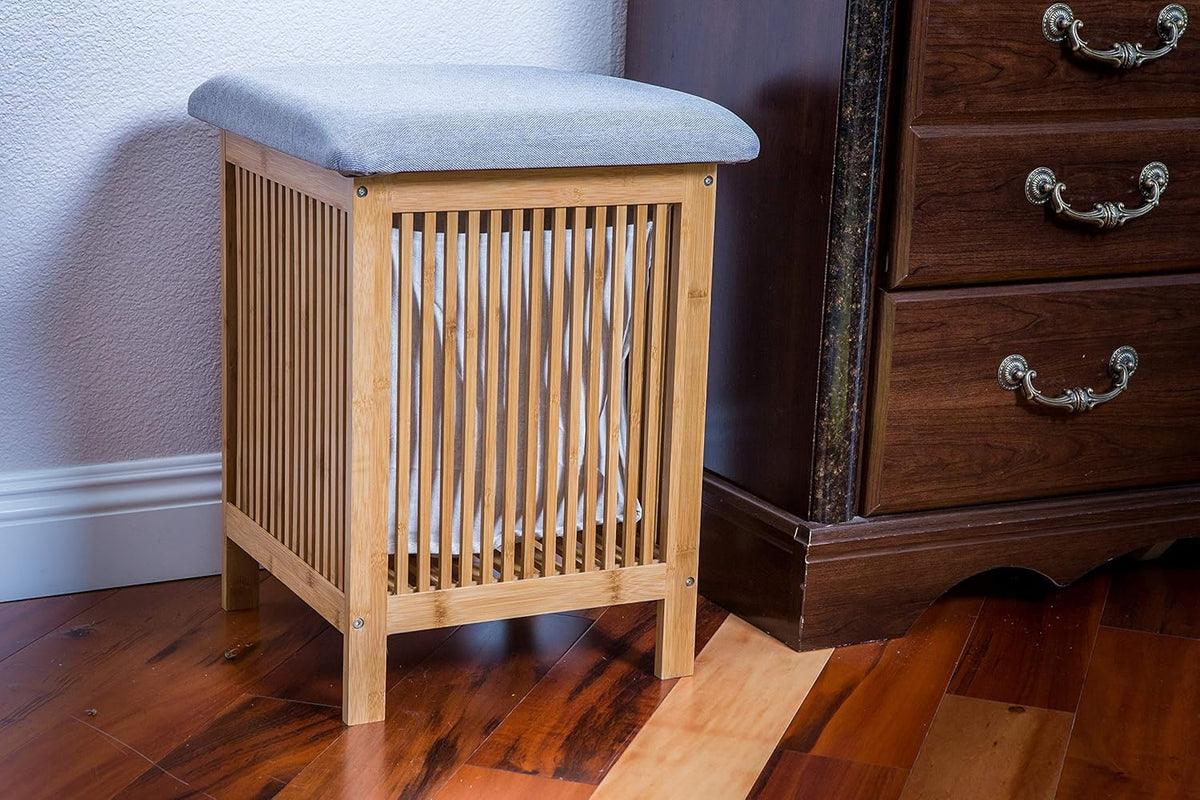 Bamboo Laundry Storage Basket Ottoman 21 Inch Tall Brown and White H478