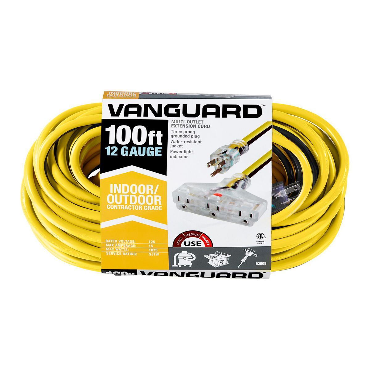 100 ft. 12/3 Gauge Multiple Outlet Extension Cord with Indicator Light, Yellow, Black D555
