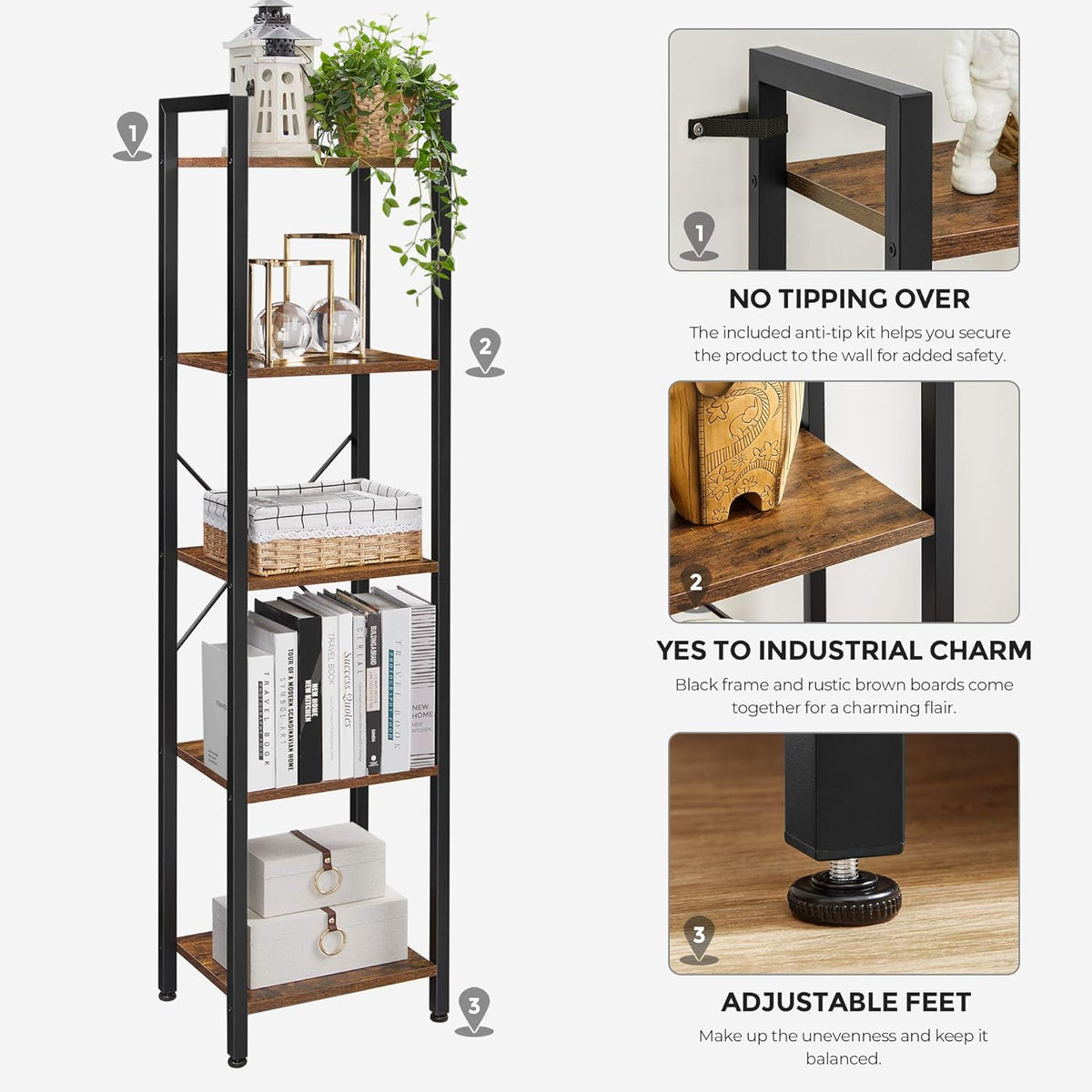 5-Tier Rustic Brown and Black Bookshelf K69609