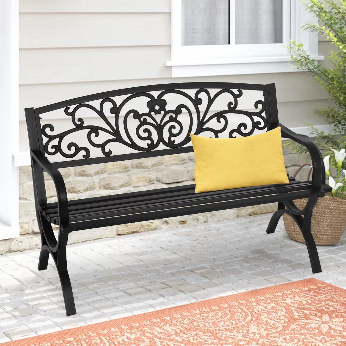 50-in Black Metal Garden Bench with Armrests H963