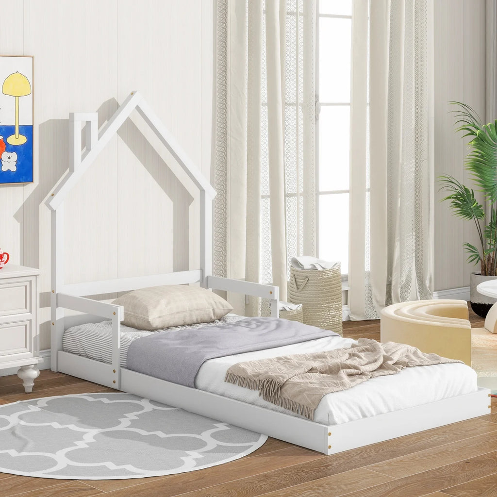 Twin Grey Wood Floor Bed Frame with Roof R4577