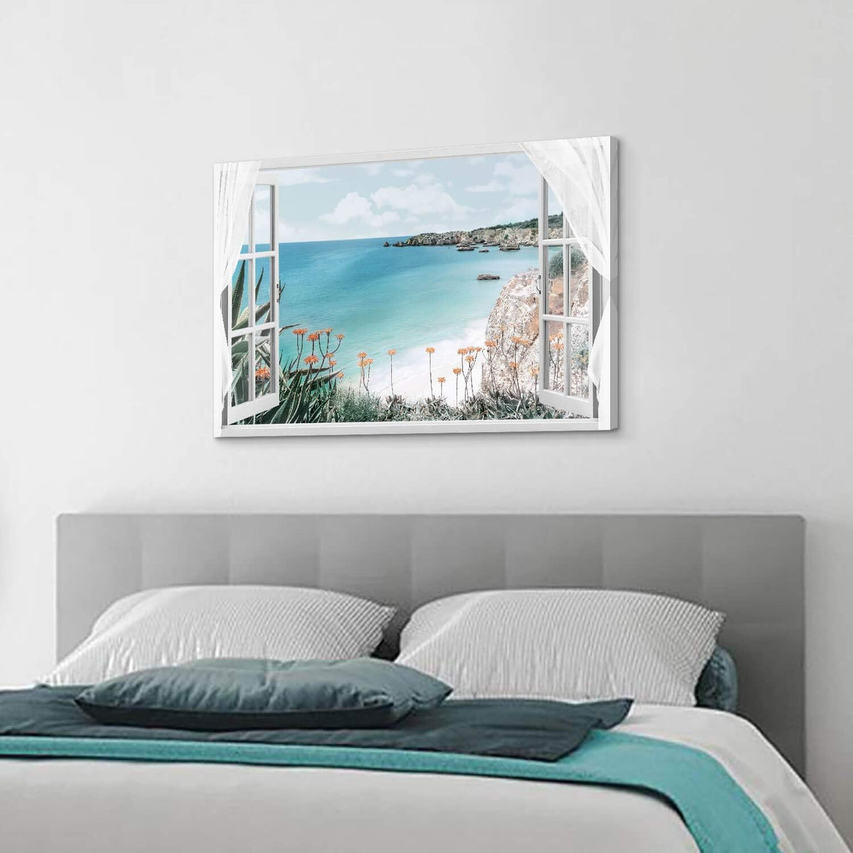 Blue Ocean Beach Window Canvas Art 36'' x 24'' C621