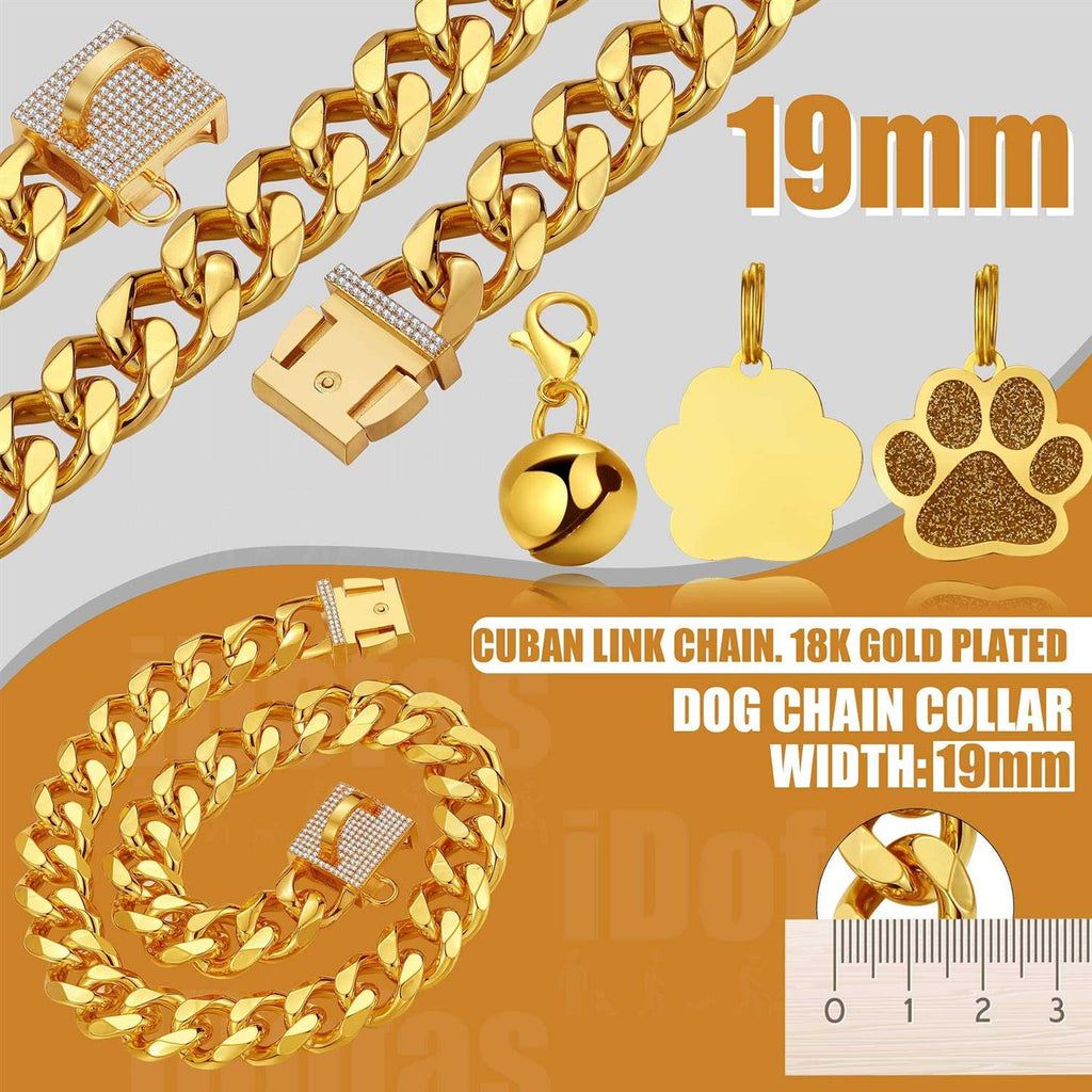 Dog Chain Collar Gold with CZ Buckle 19mm Cuban Link Metal H325