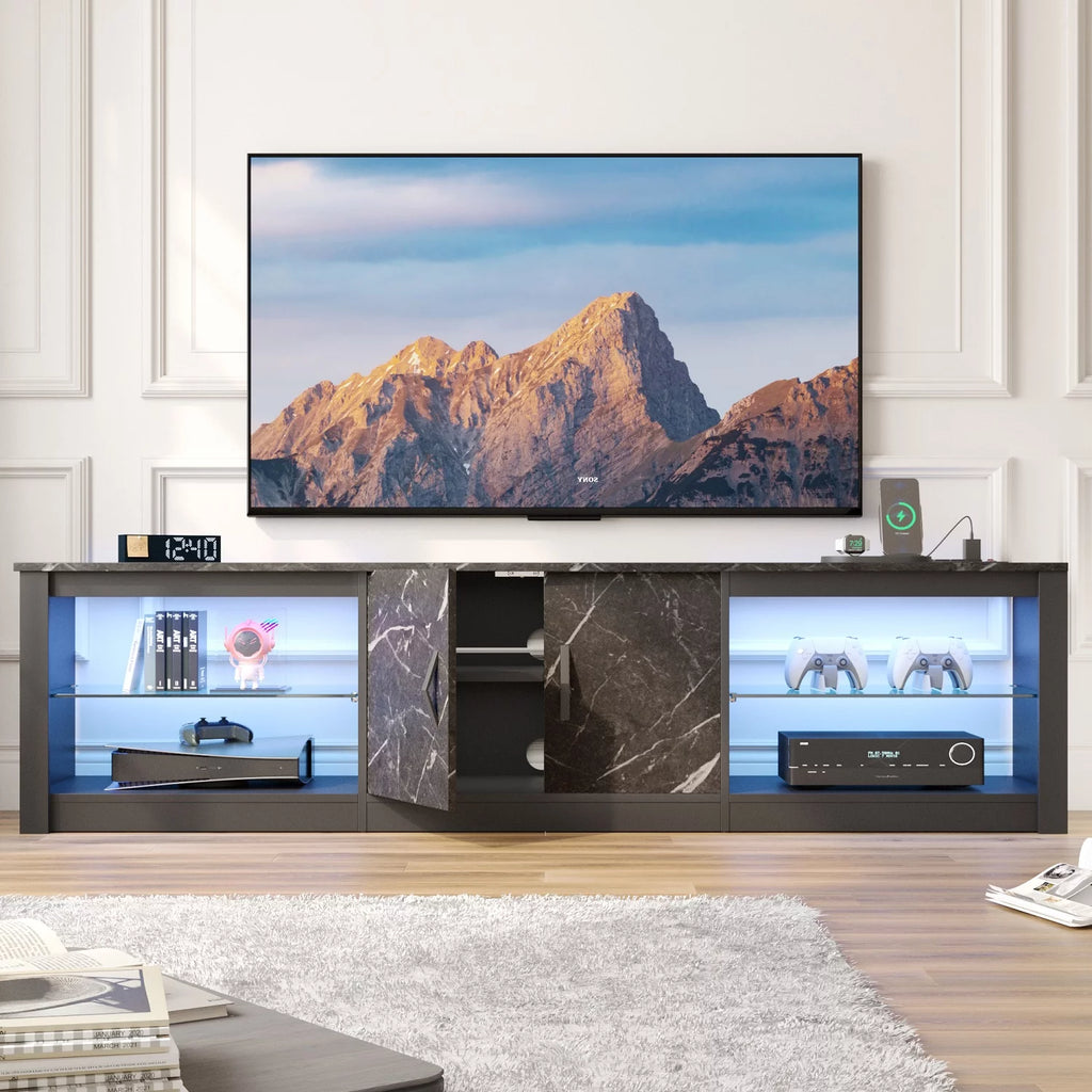 Black Marble TV Stand with LED Lights & Power Outlet T6394