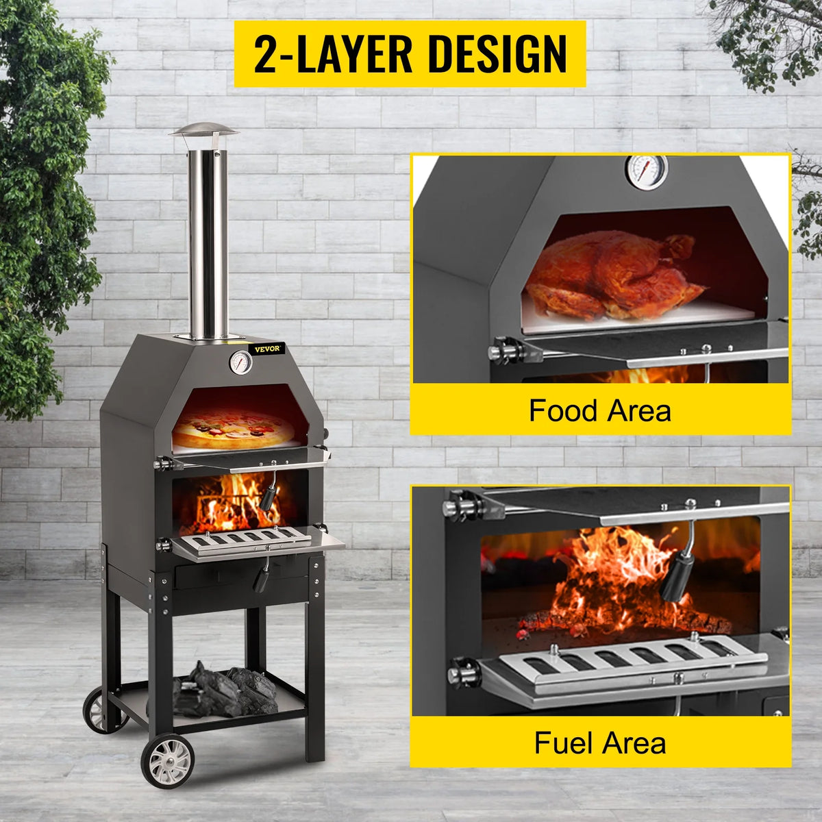 12 Wood Fire Outdoor Pizza Oven with 2 Removable Wheels F350957