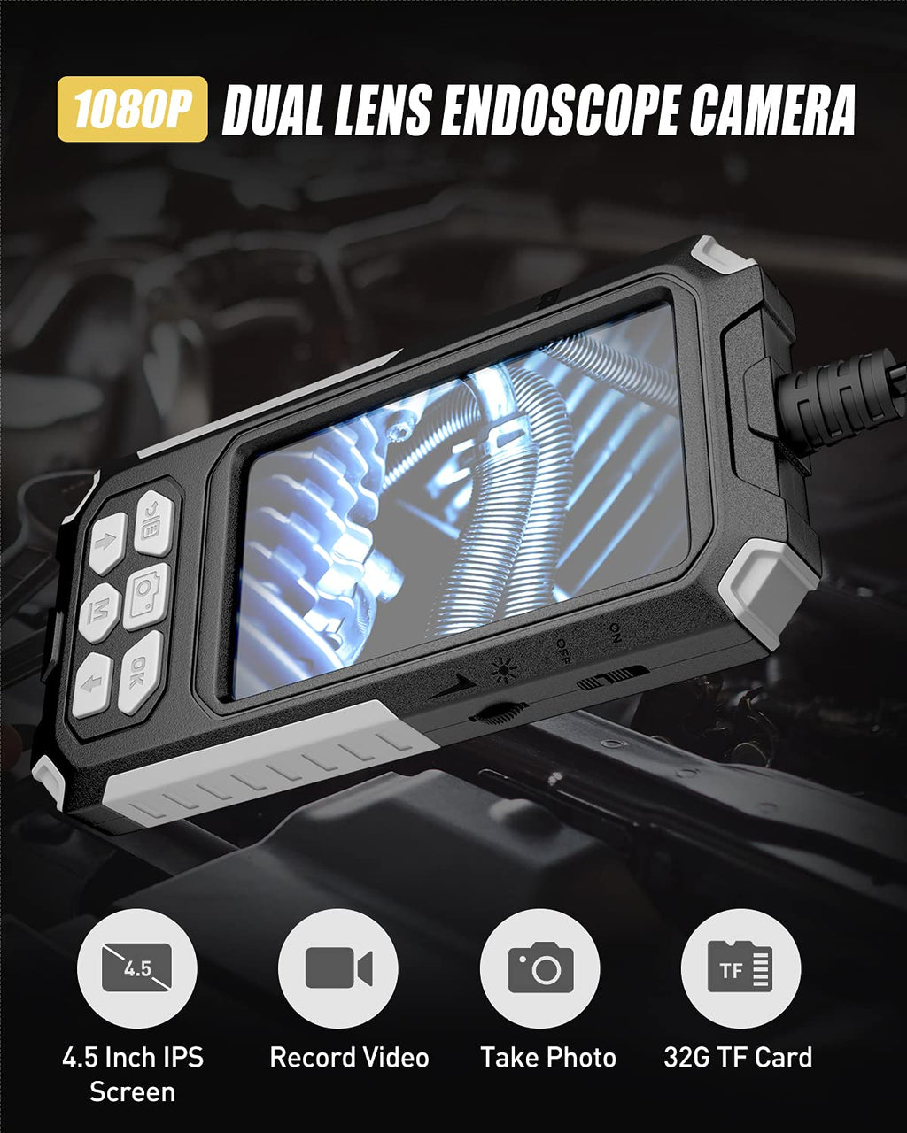33FT Dual Lens Inspection Endoscope with 4.5 IPS Screen and 8 LED Lights H82026