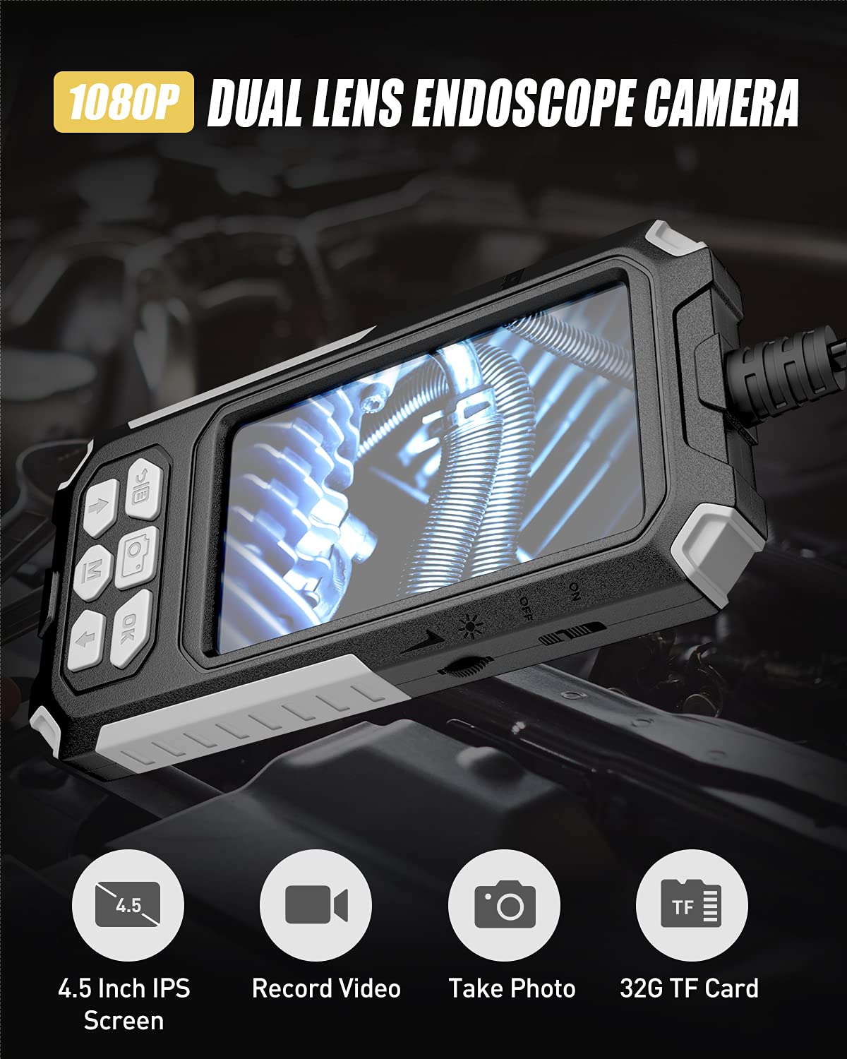 33FT Dual Lens Inspection Endoscope with 4.5 IPS Screen and 8 LED Lights H82026