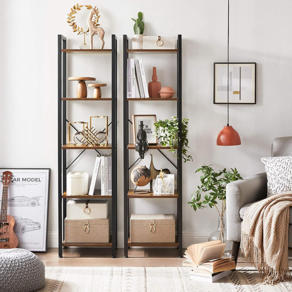 5-Tier Rustic Brown and Black Bookshelf K69609