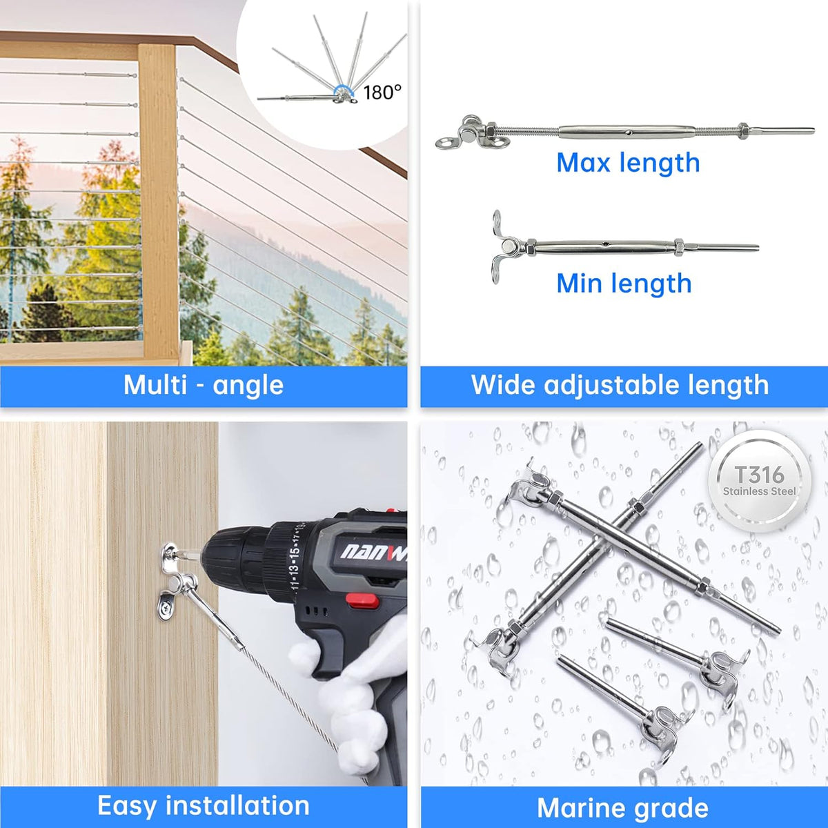 10 Set Cable Railing Kit 1/8 T316 Stainless Steel Turnbuckle Hardware Z10671