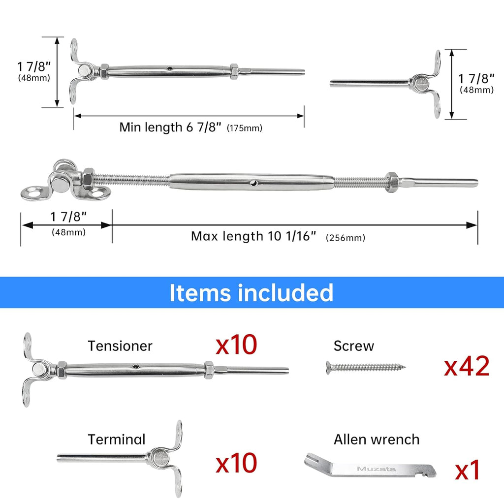 10 Set Cable Railing Kit 1/8 T316 Stainless Steel Turnbuckle Hardware Z10671