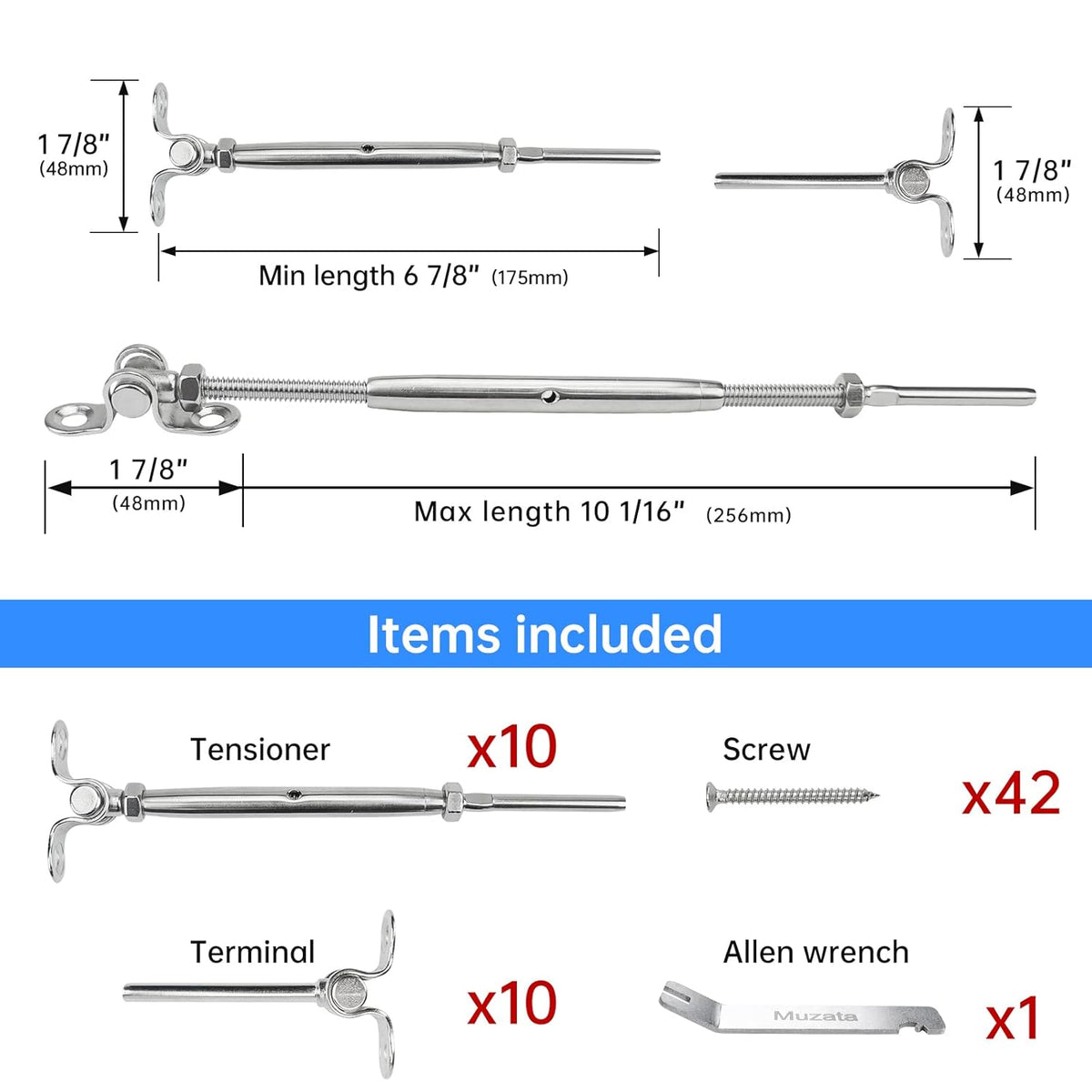 10 Set Cable Railing Kit 1/8 T316 Stainless Steel Turnbuckle Hardware Z10671