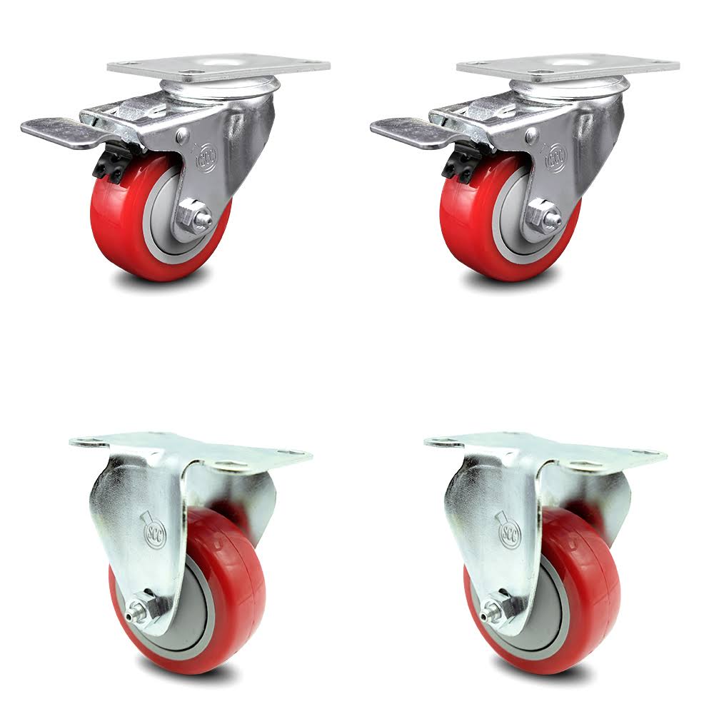 3 inch Red Polyurethane Swivel Plate Caster Set with Brakes J646