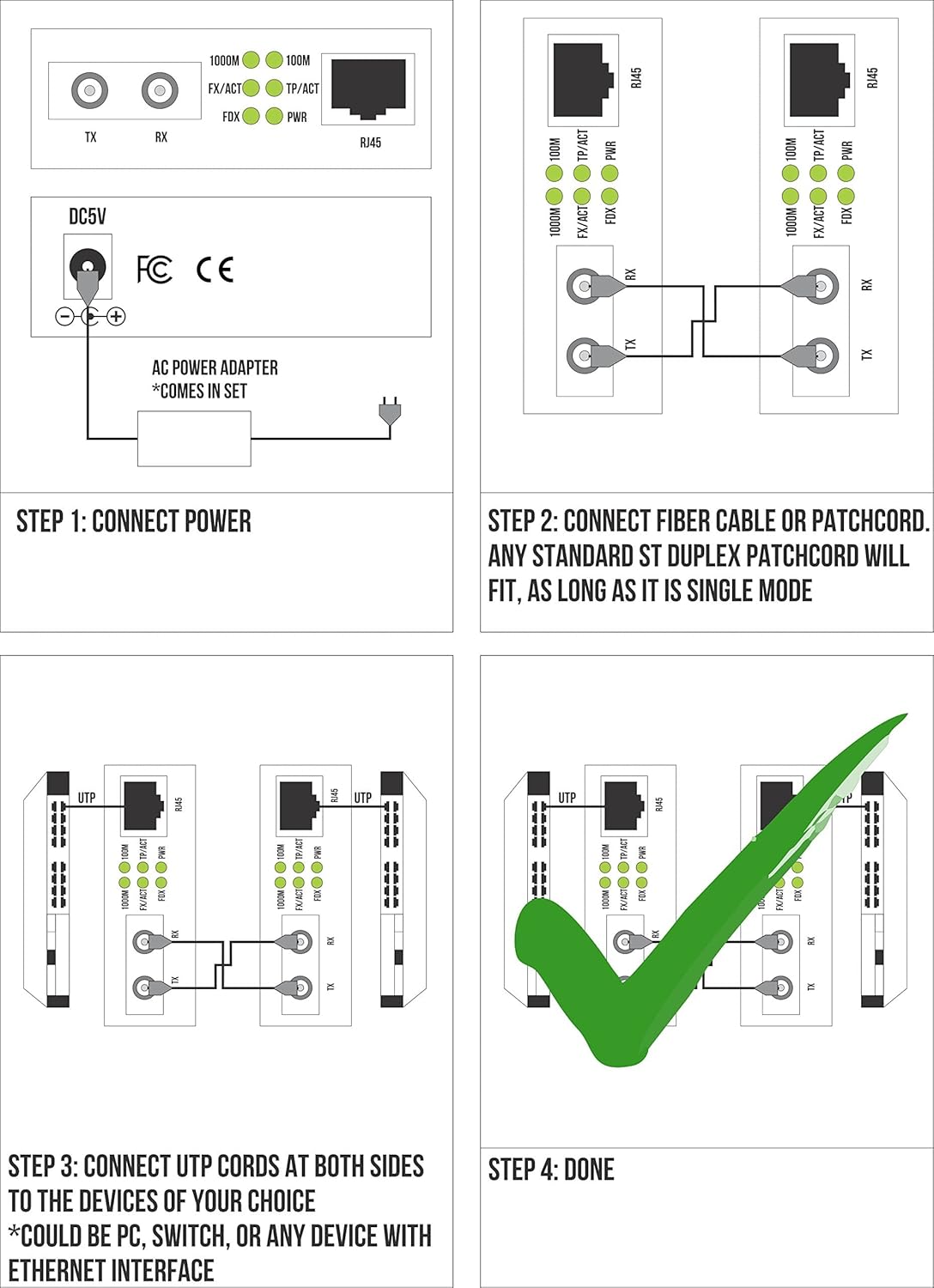 Gigabit Fiber Media Converter ST to UTP Cat5e Cat6 RJ-45 F1467