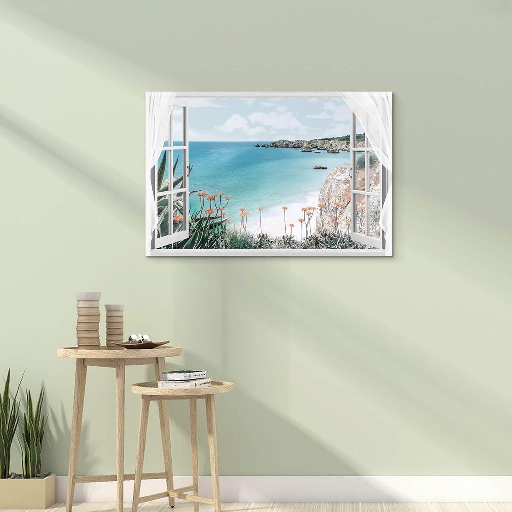 Blue Ocean Beach Window Canvas Art 36'' x 24'' C621