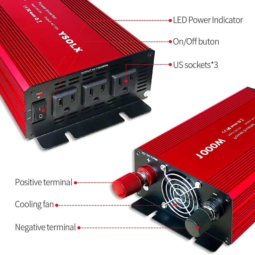 1000 Watt 12V to 110V Power Inverter with 3 AC Outlets R1782