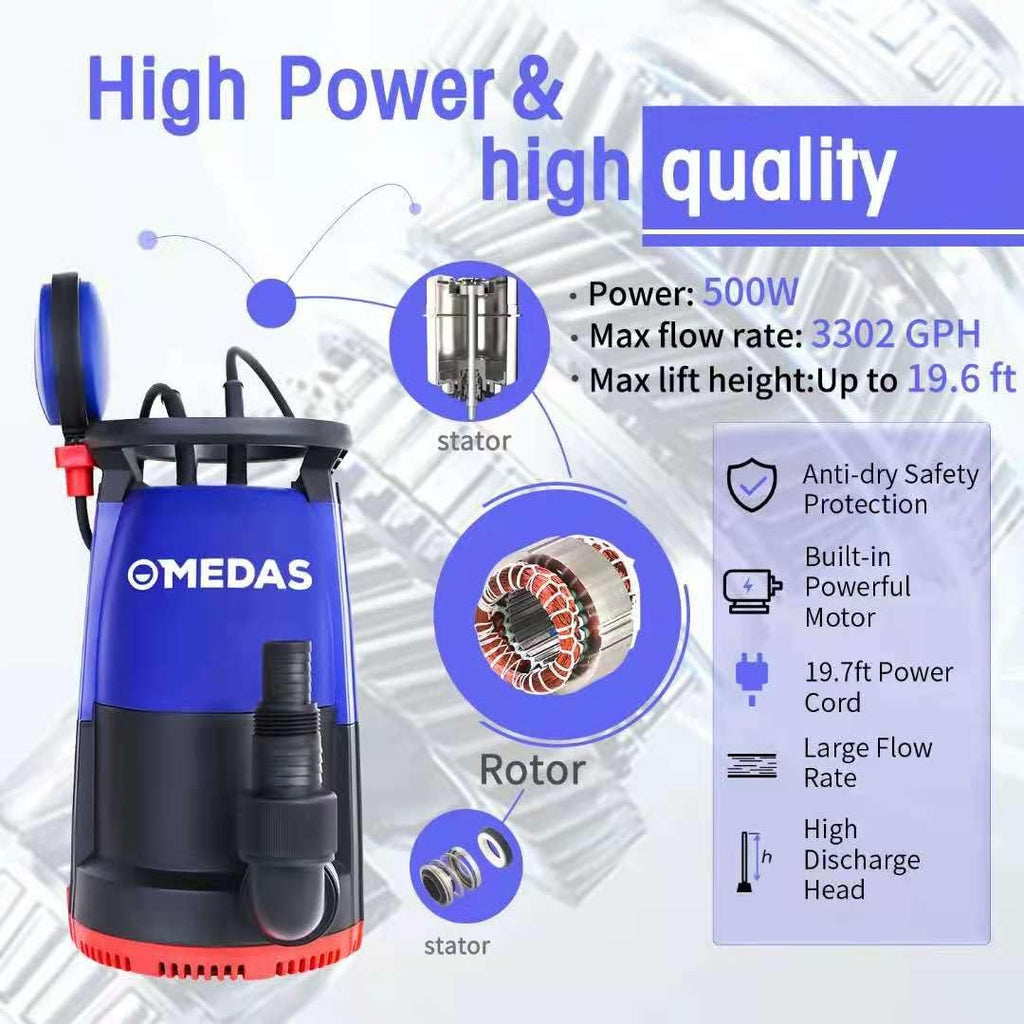 Electric 3 in 1 Submersible Pump 3/4HP 500W 3302GPH with Float Switch U290110