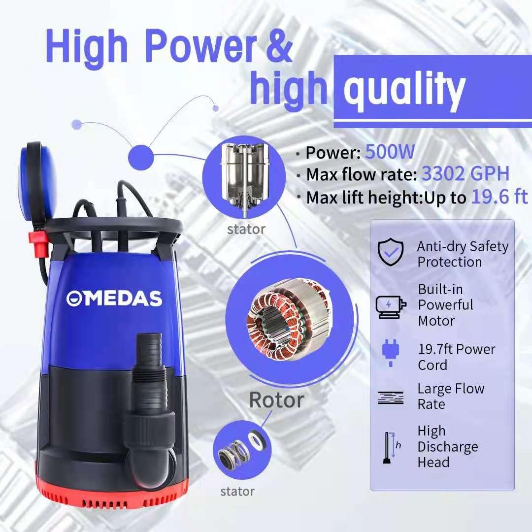 Electric 3 in 1 Submersible Pump 3/4HP 500W 3302GPH with Float Switch U290110