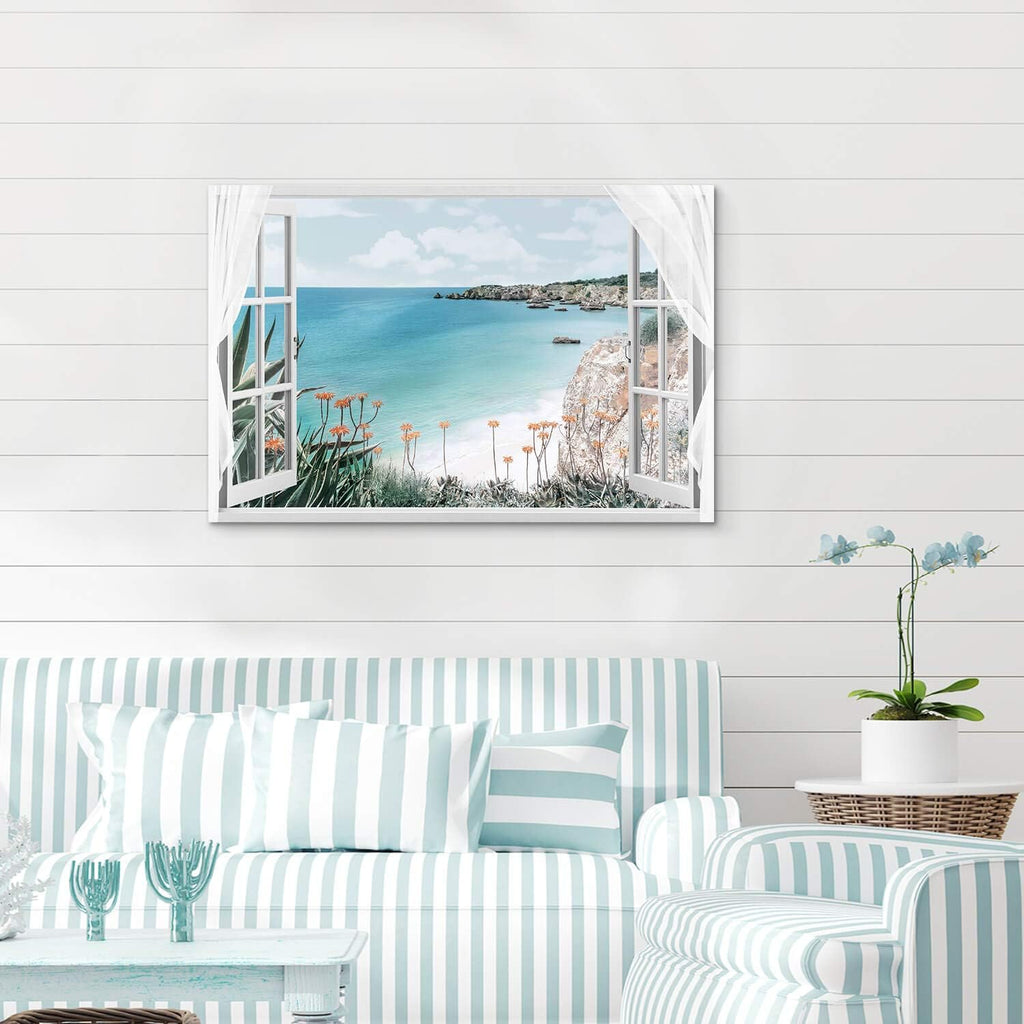 Blue Ocean Beach Window Canvas Art 36'' x 24'' C621