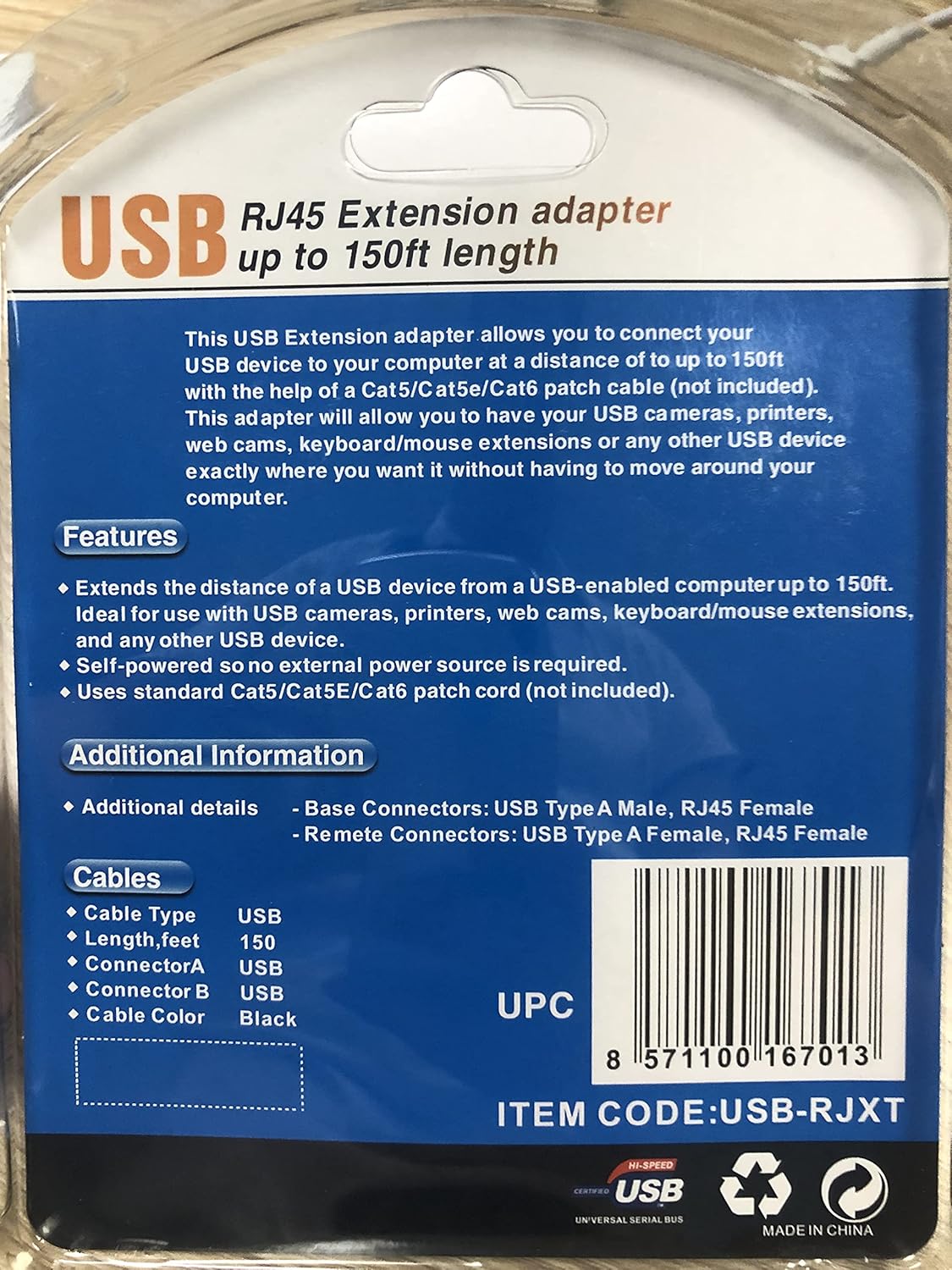 USB to RJ45 Extension Adapter Over Cat5/Cat6 Cable up to 150ft Black K88514