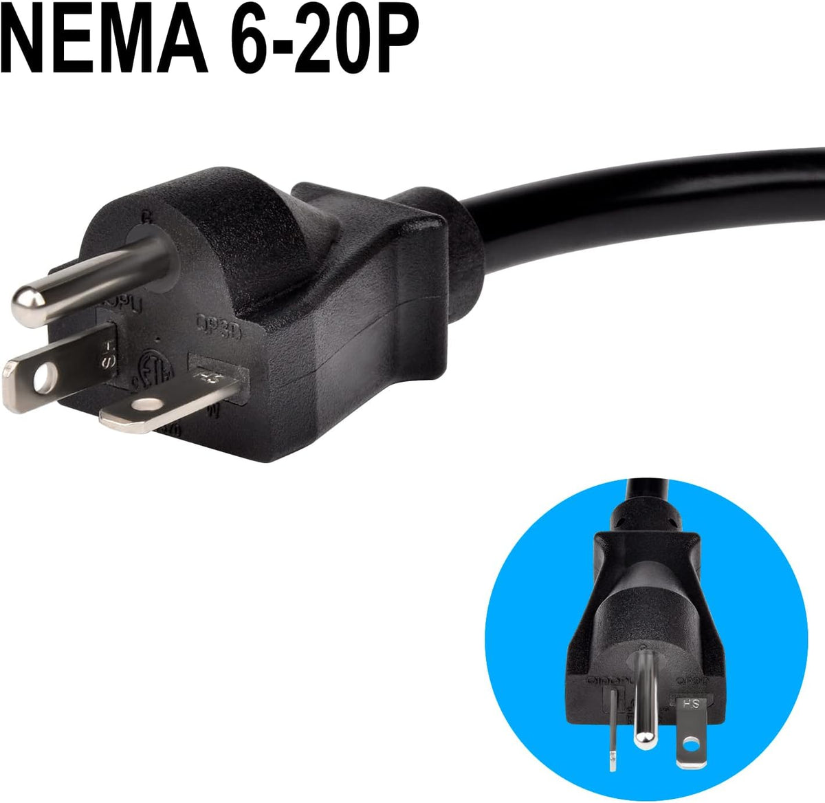 8ft 14AWG NEMA 6-20P to C13 Power Cord Pack of 2 U32954