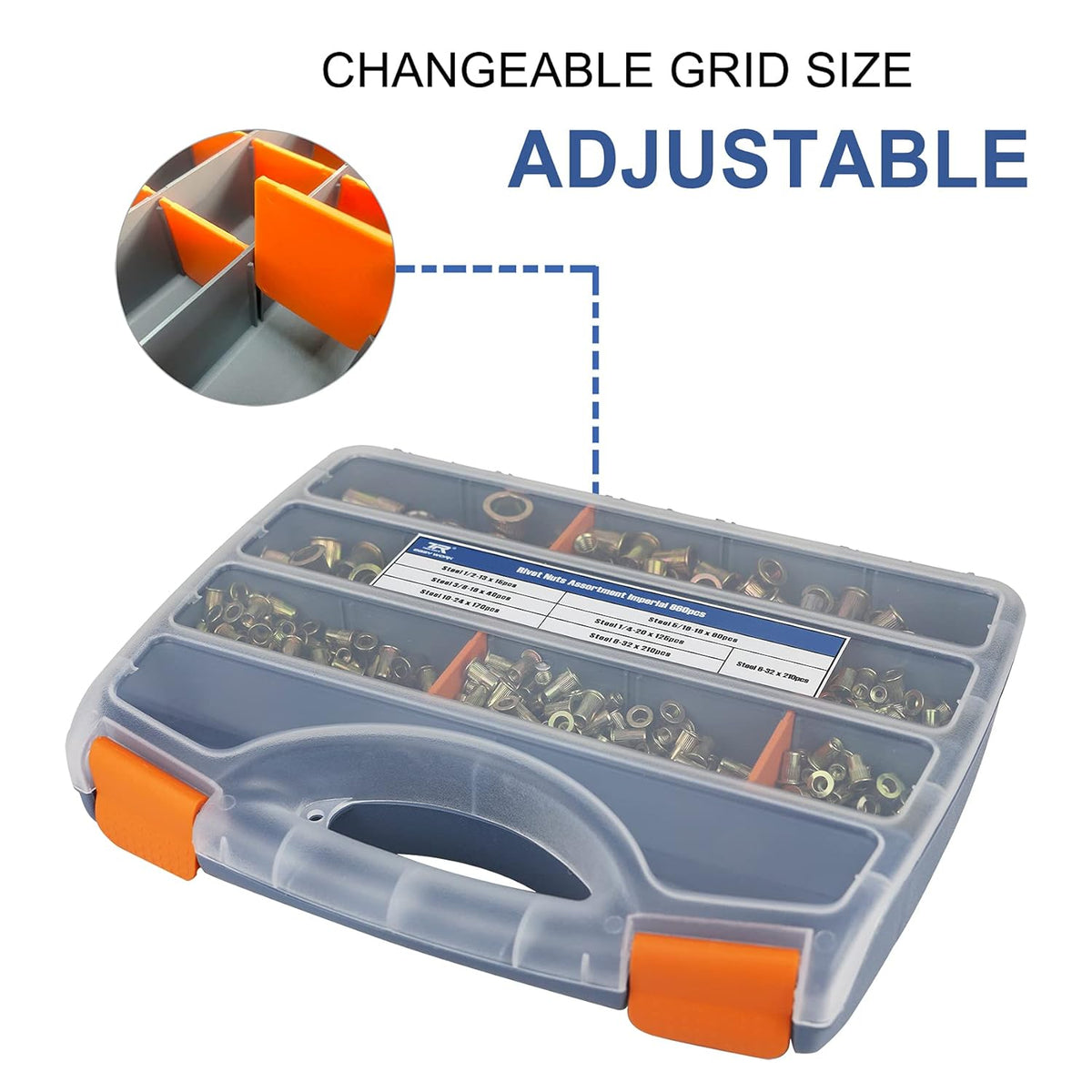 860pcs SAE UNC Zinc Plated Carbon Steel Rivet Nut Kit with Case A2835