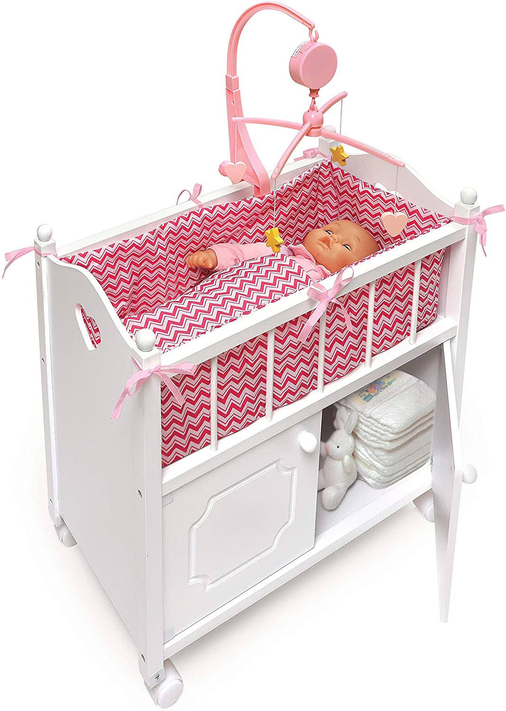 White Pink Doll Crib with Bedding and Mobile U845
