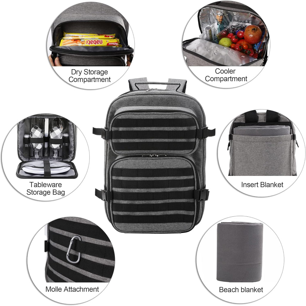 Picnic Backpack Cooler Bag for 2 Person Set with Insulated Compartment, Fleece Blanket, Cutlery Set I1773