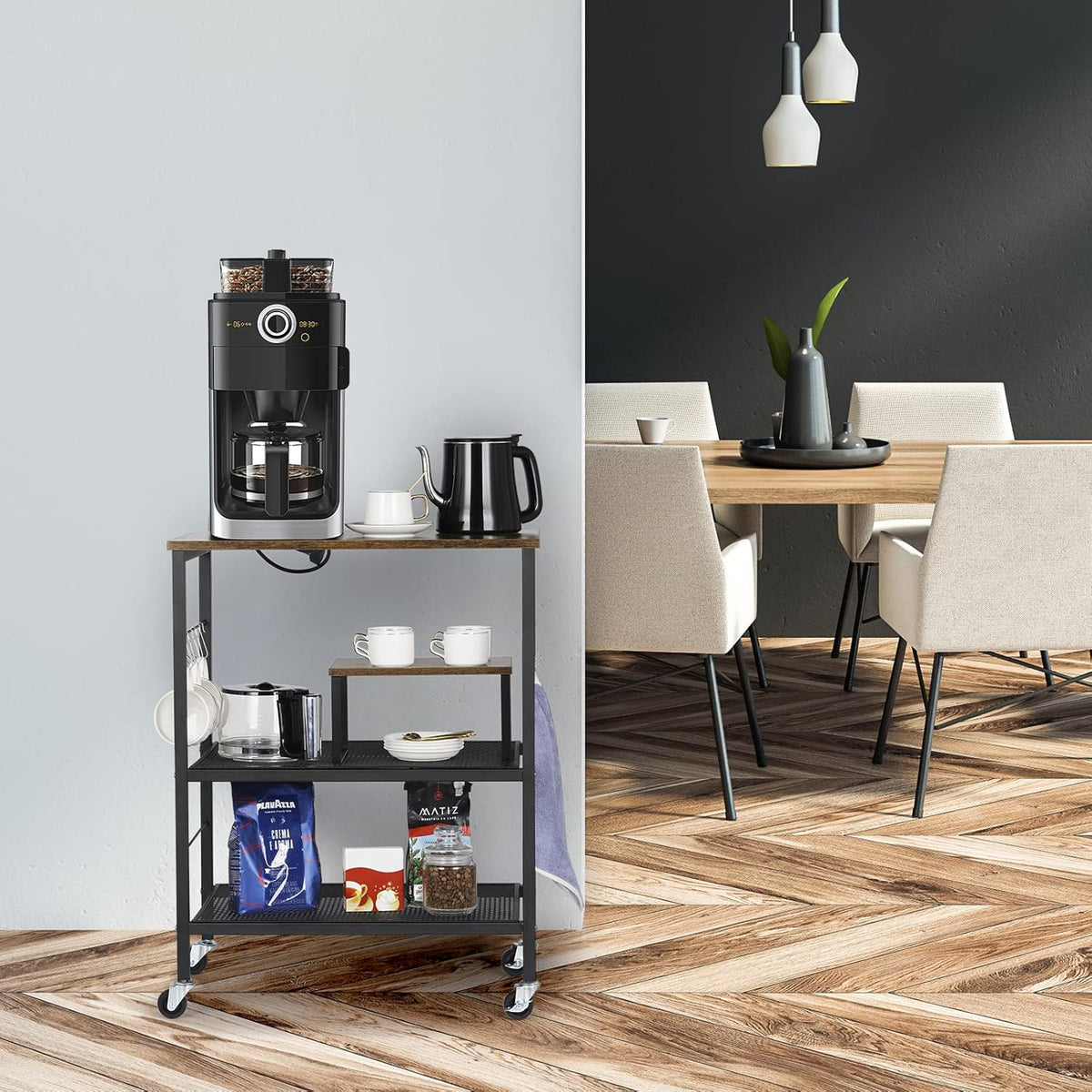 Kitchen Island on Wheels with Storage 3 Tier Microwave Oven Stand Rolling Utility Cart with 10 Hooks K831