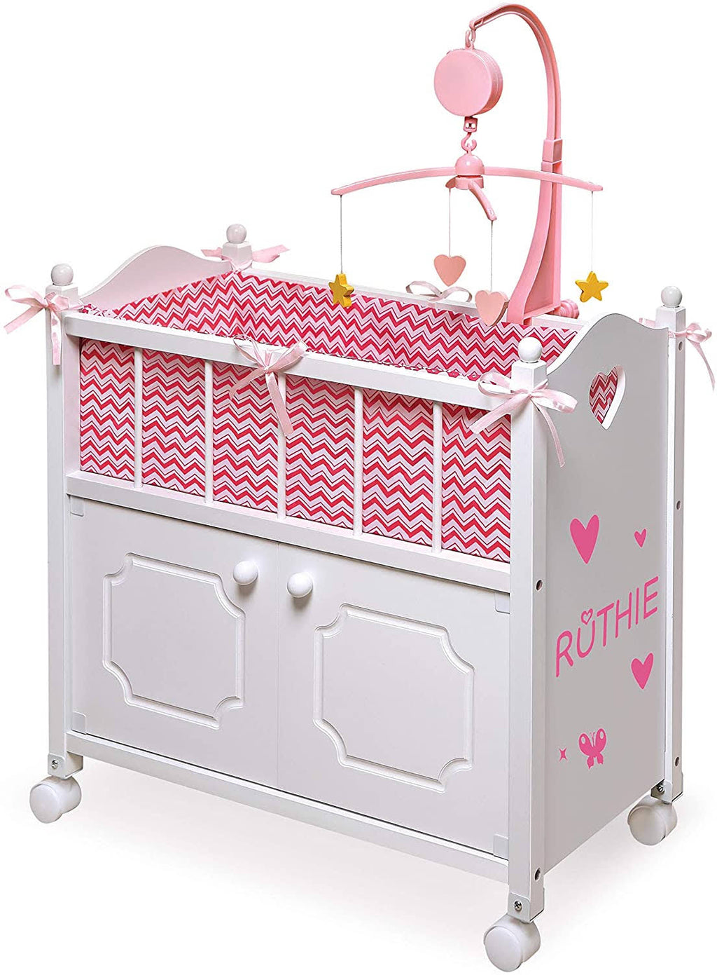 White Pink Doll Crib with Bedding and Mobile U845