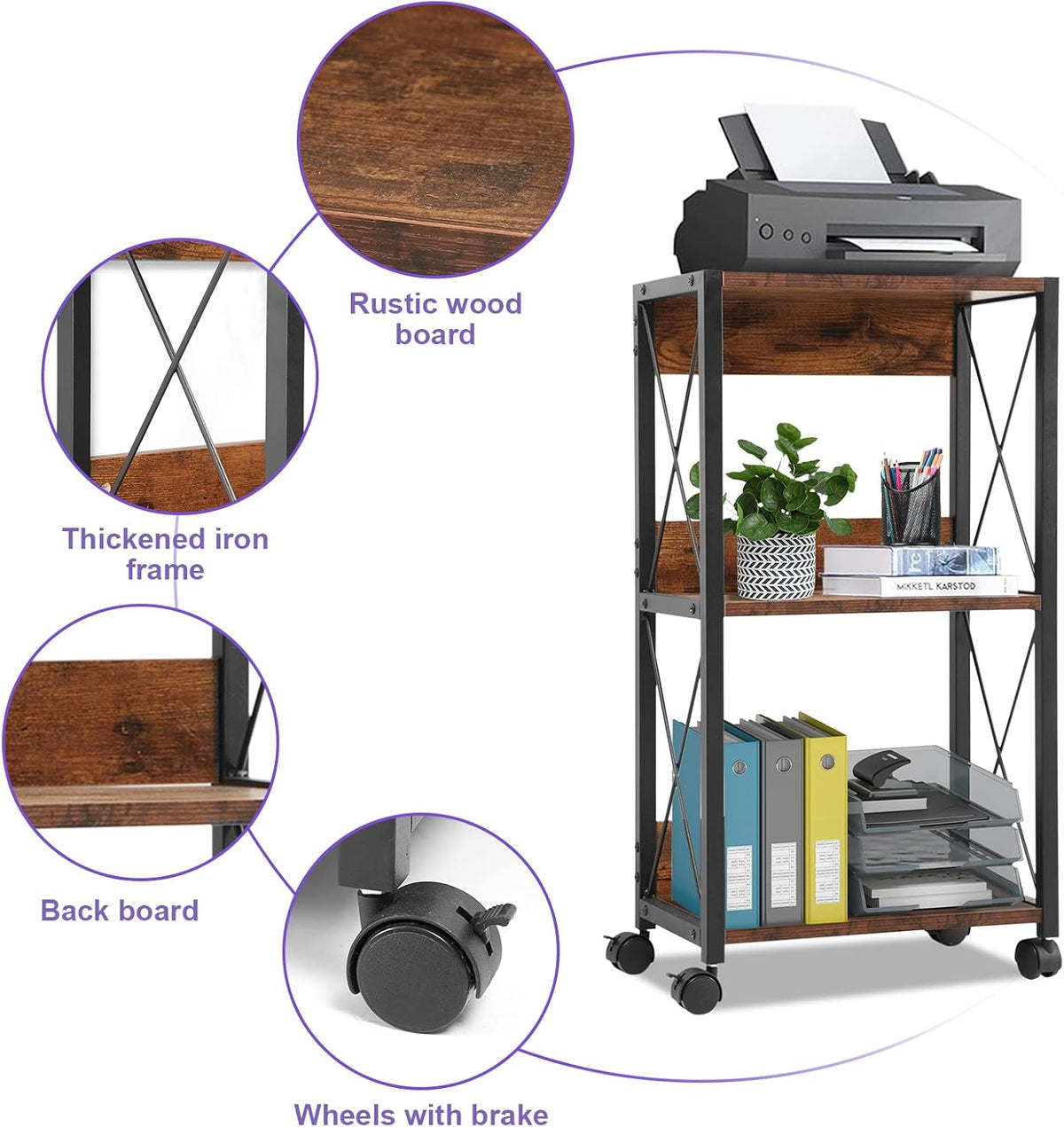3-Tier Rolling Printer Cart with Storage B472