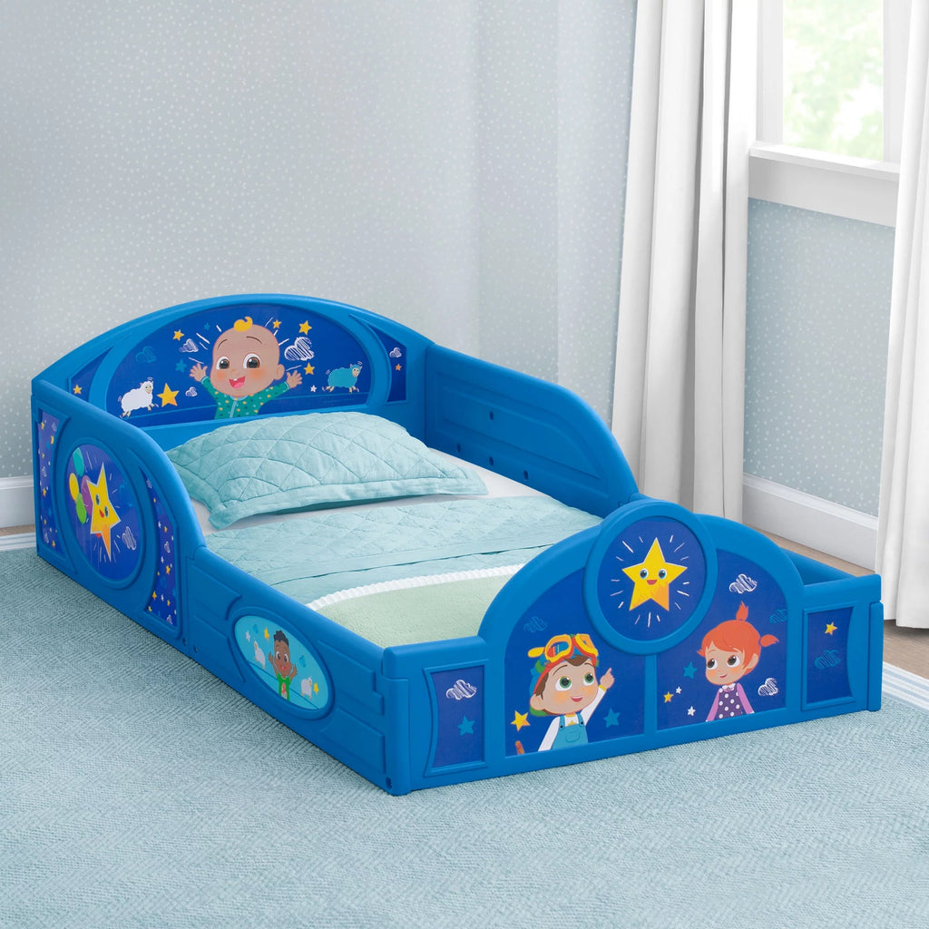 Blue Toddler Bed with Built-In Guardrails W39684