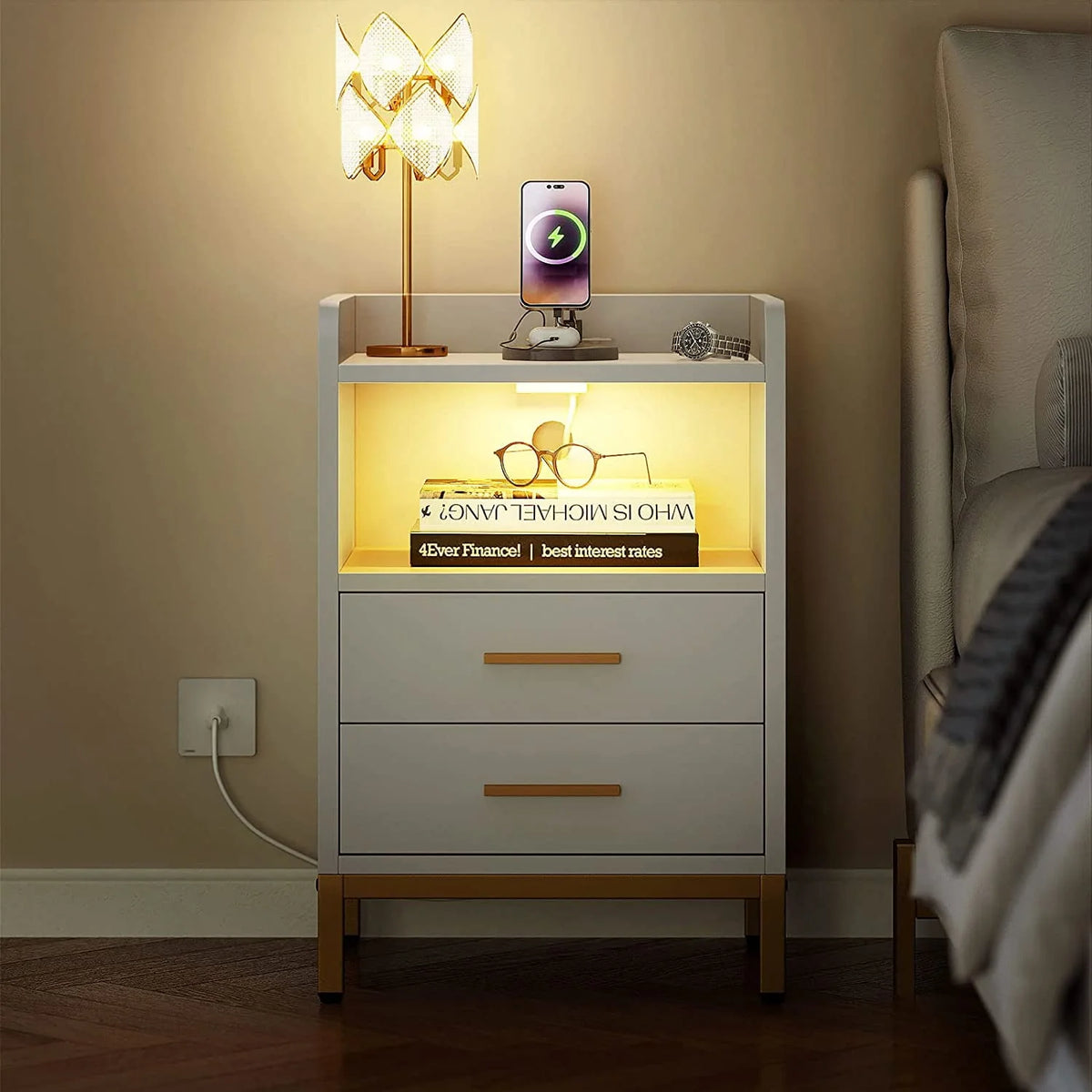 White Night Stand with 2 Drawers and Charging Station P1958
