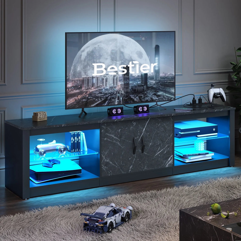 Black Marble TV Stand with LED Lights & Power Outlet T6394