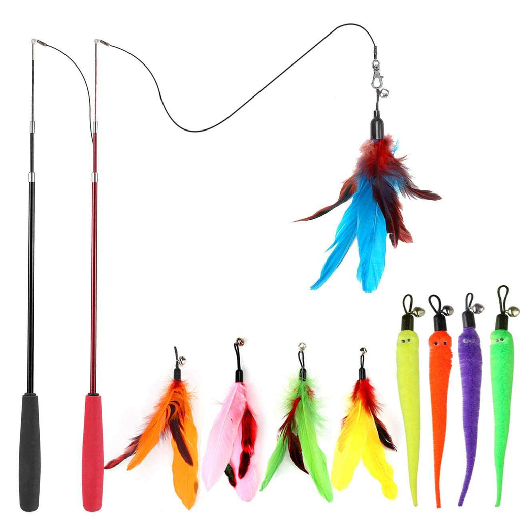 Interactive Cat Toy 2PCS Retractable Wand Toy and 9PCS Feather Toys Refills D221