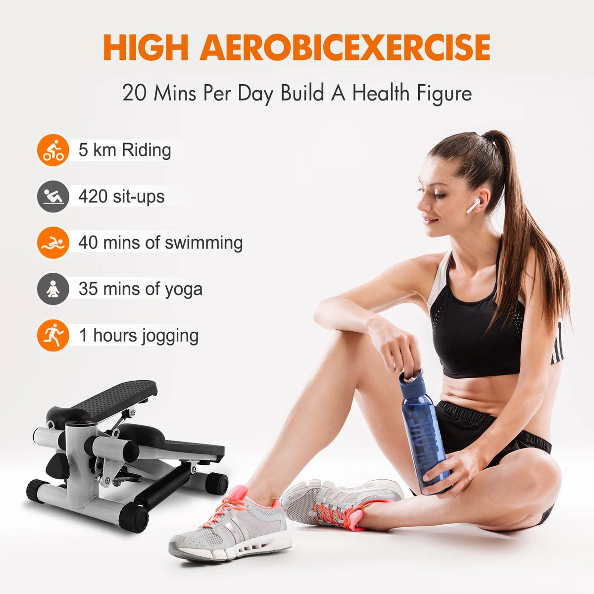Gray Mini Stepper Air Stair Climber Exercise Machine with Resistance Band H7002