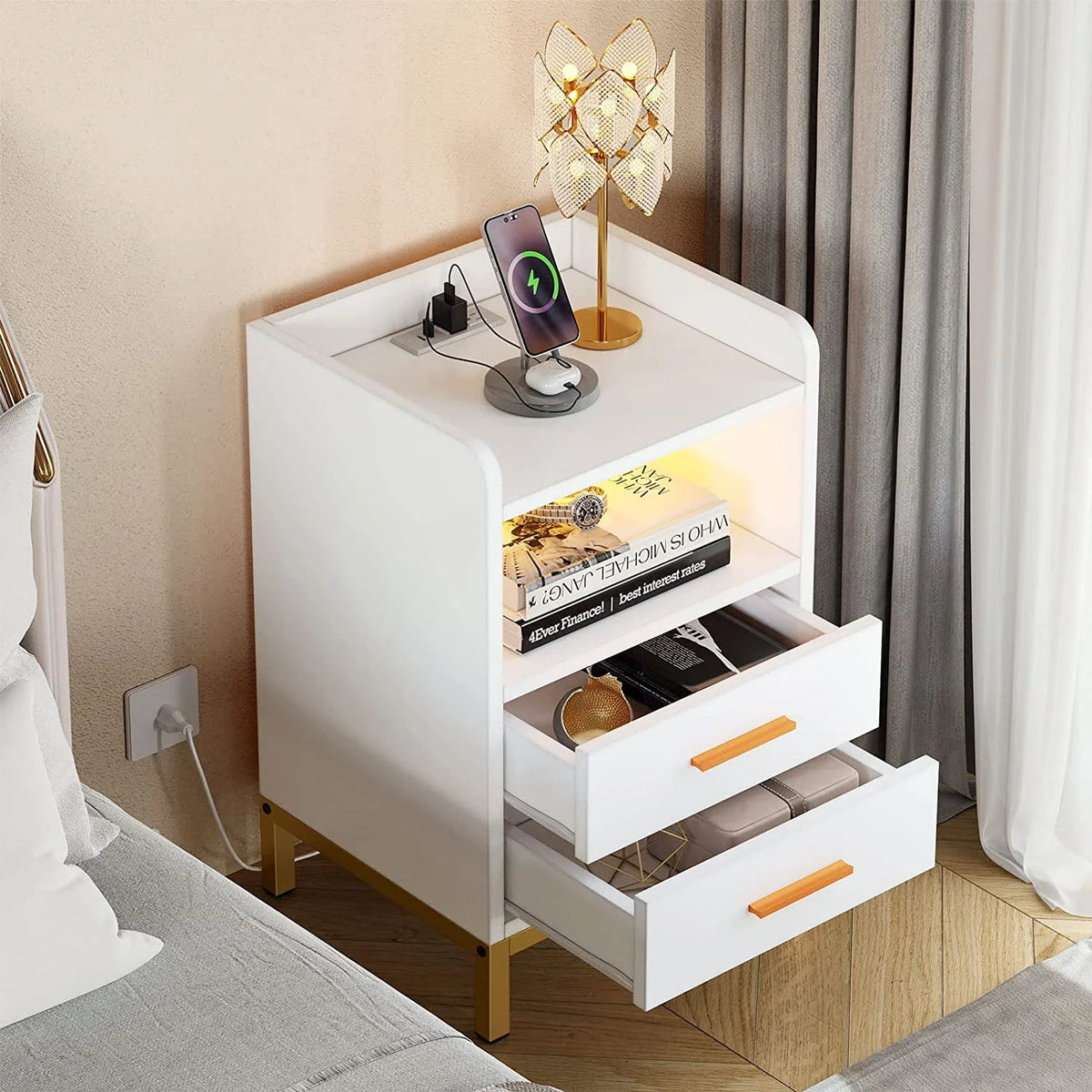 White Night Stand with 2 Drawers and Charging Station P1958