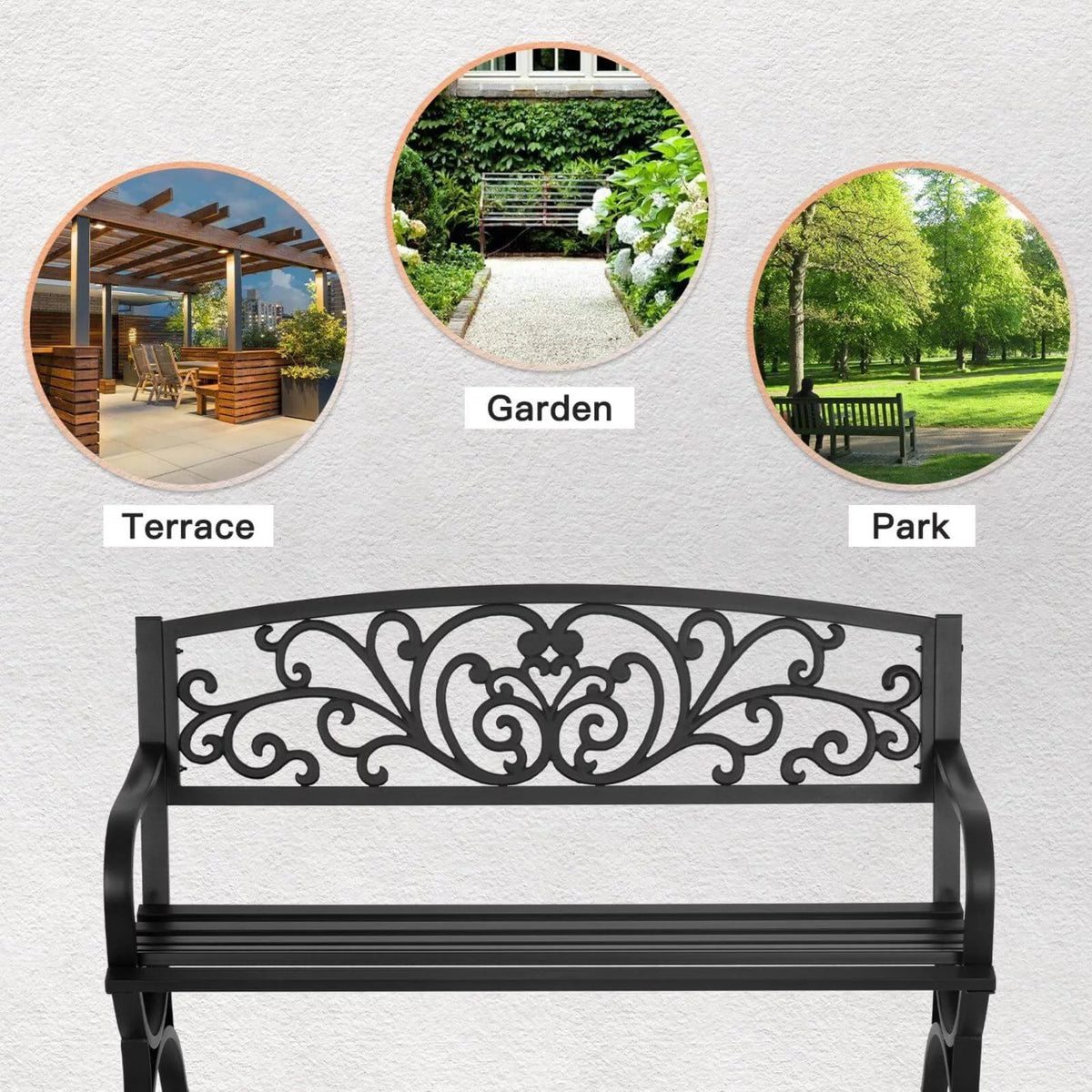 50-in Black Metal Garden Bench with Armrests H963