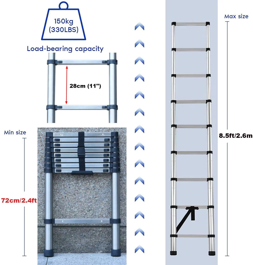 8.5ft Stainless Steel Telescopic Non-Slip Ladder W681