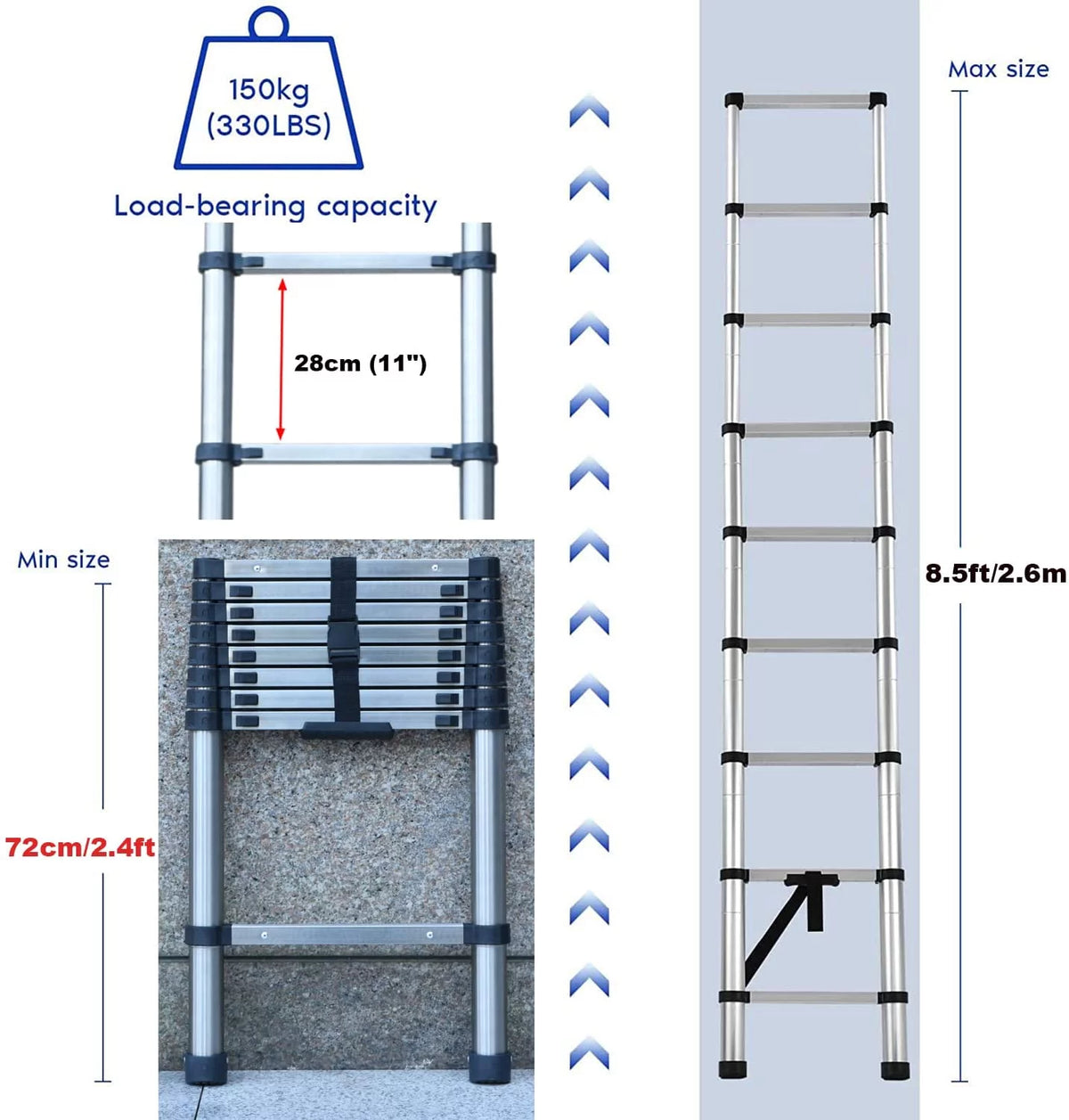 8.5ft Stainless Steel Telescopic Non-Slip Ladder W681