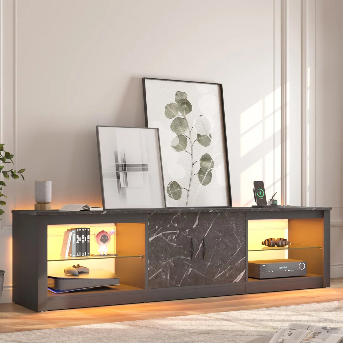 Black Marble TV Stand with LED Lights & Power Outlet T6394