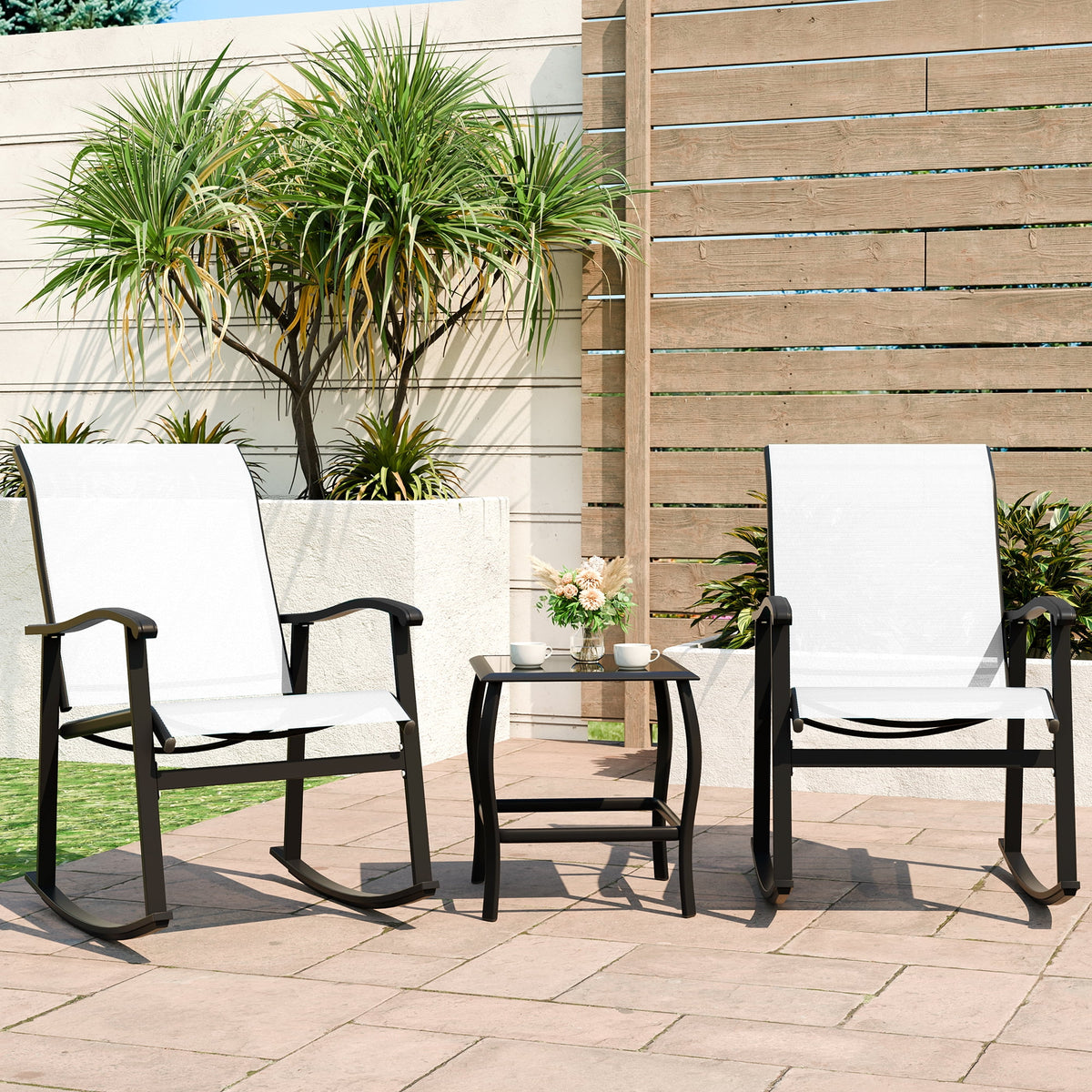 3 Piece Rocking Bistro Set with Glass Coffee Table Light Gray K4843