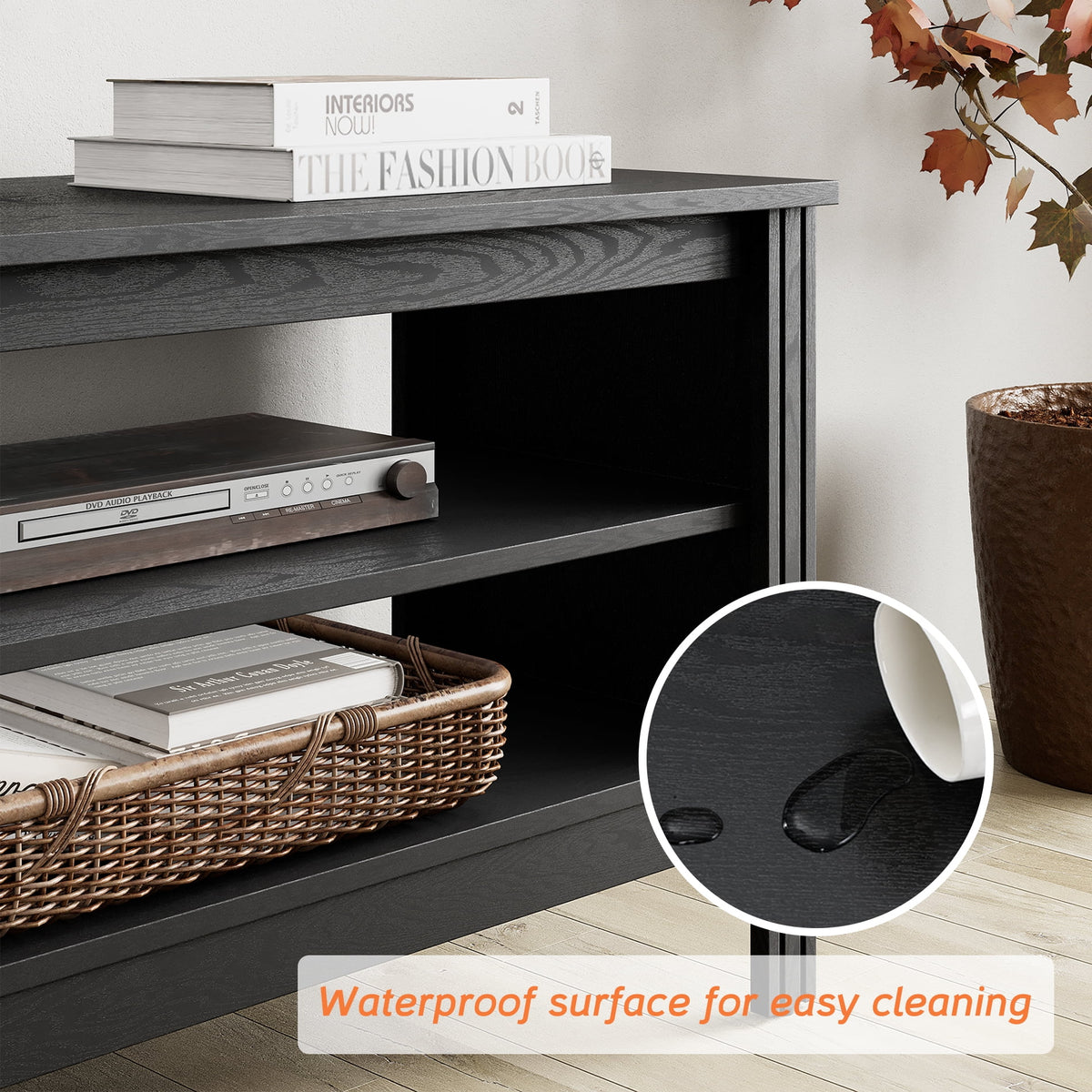 Black Wood TV Stand with 4 Open Shelves Q29634