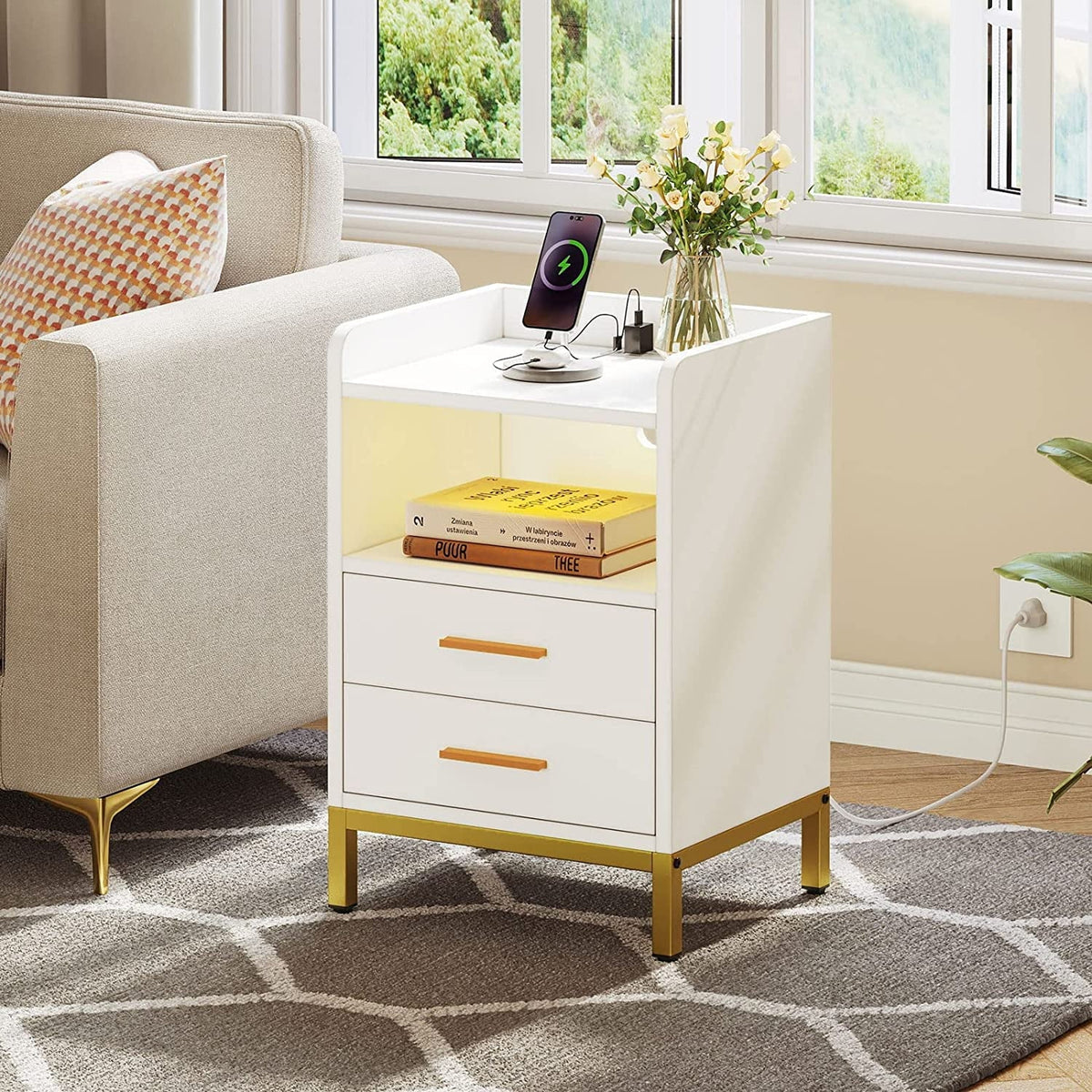 White Night Stand with 2 Drawers and Charging Station P1958