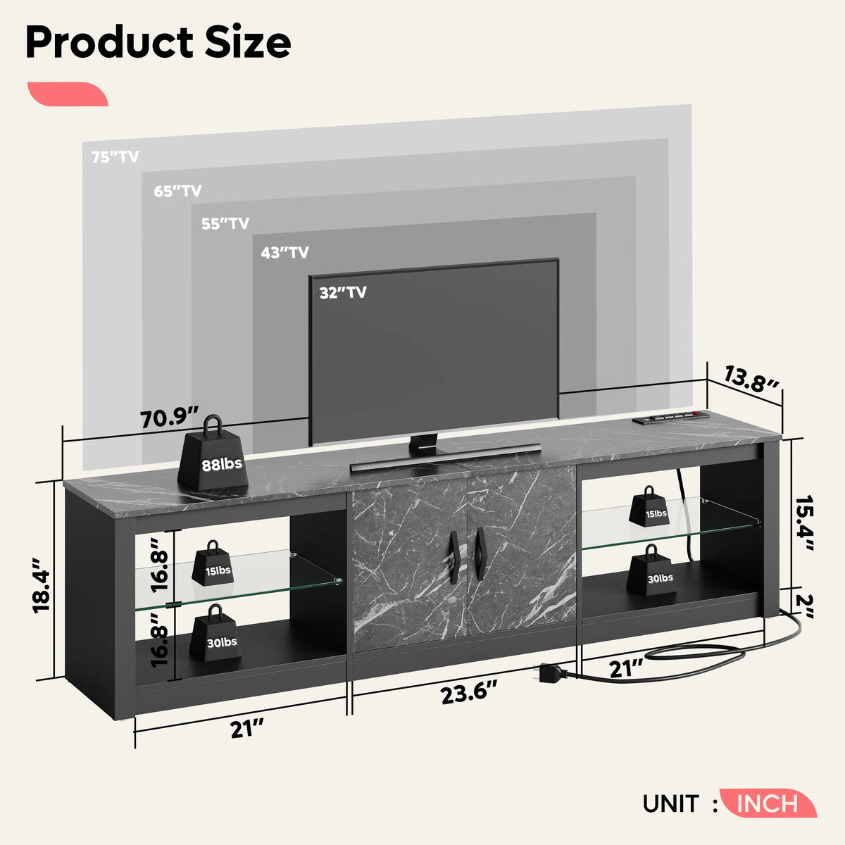 Black Marble TV Stand with LED Lights & Power Outlet T6394