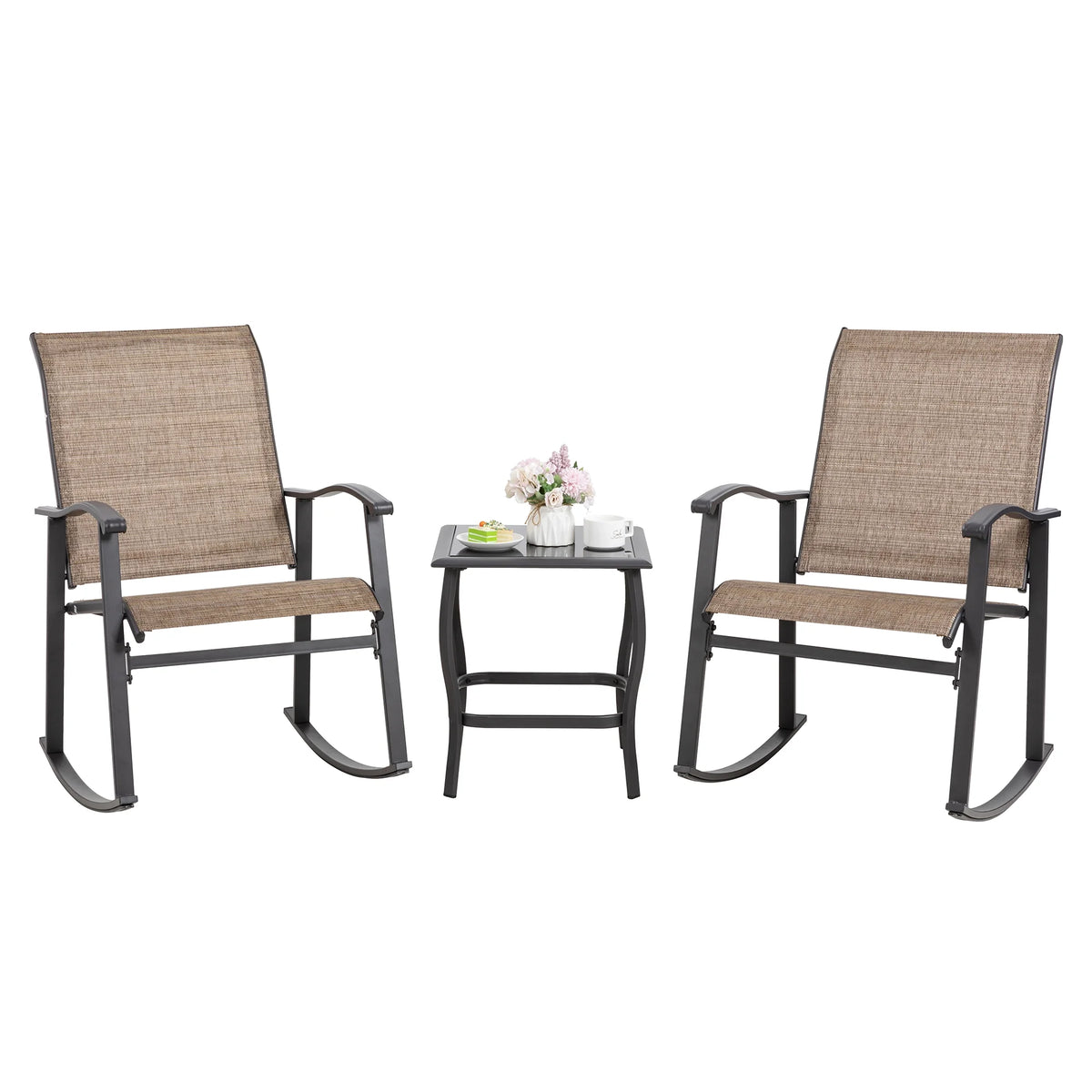 3 Piece Rocking Bistro Set with Glass Coffee Table Light Gray K4843